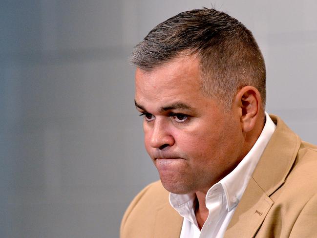 BRISBANE, AUSTRALIA - JUNE 04: Coach Anthony Seibold of the Broncos looks dejected at a press conference after his team lost the round four NRL match between the Brisbane Broncos and the Sydney Roosters at Suncorp Stadium on June 04, 2020 in Brisbane, Australia. (Photo by Bradley Kanaris/Getty Images)