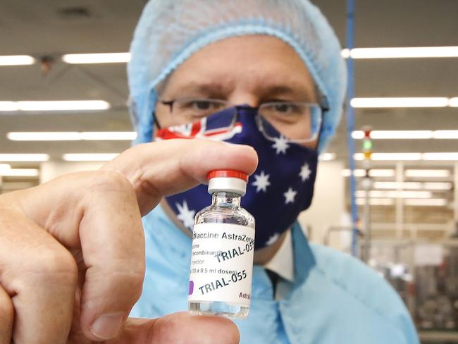 MELBOURNE, AUSTRALIA - FEBRUARY 12: Prime Minister Scott Morrison visits the CSL vaccine manufacturing facility on February 12, 2021 in Melbourne, Australia. Pharmaceutical company CSL is manufacturing Australia's Oxford-AstraZeneca COVID-19 vaccines.  (Photo by David Caird-Pool/Getty Images)