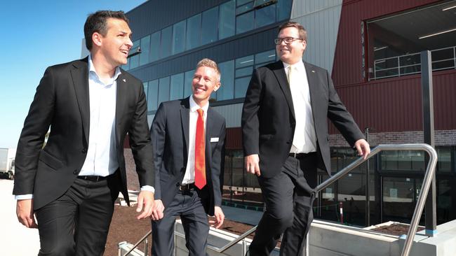 Newly appointed Principal of New Morialta Senior College Roley Coulter, centre, with Education Minister Blair Boyer, left, and former Education Minister in the Liberal government, John Gardner, on a tour of the new school. Picture: Dean Martin