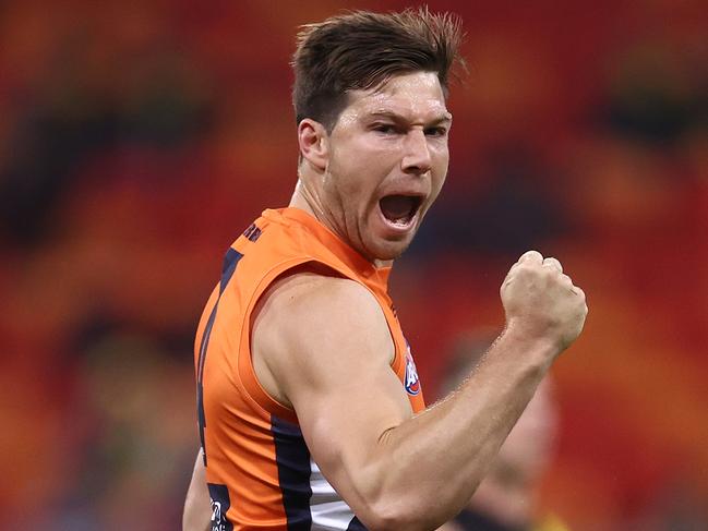 SYDNEY, AUSTRALIA - JULY 24: Toby Greene of the Giants celebrates a goal during the round 8 AFL match between the Greater Western Sydney Giants and the Richmond Tigers at GIANTS Stadium on July 24, 2020 in Sydney, Australia. (Photo by Ryan Pierse/Getty Images)