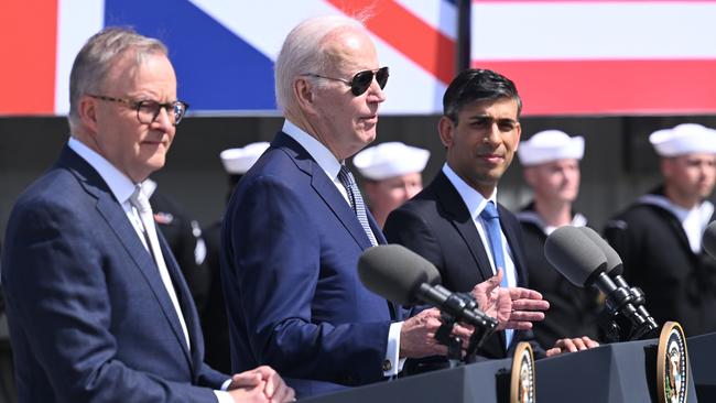Anthony Albanese, President Joe Biden and Britain’s Rishi Sunak at the AUKUS summit in San Diego last year. Picture: Getty