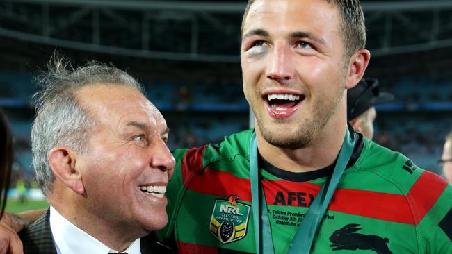 South Sydney's Sam Burgess with John Sattler during the 2014 NRL Grand Final between the South Sydney Rabbitohs and the Canterbury Bankstown Bulldogs at ANZ Stadium .Picture Gregg Porteous