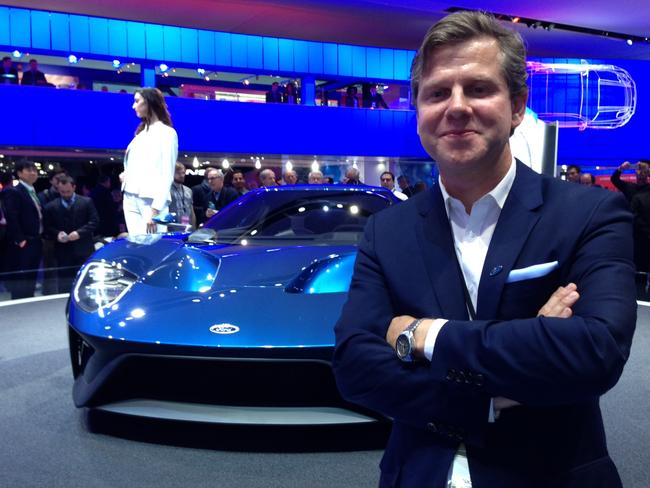 Star attraction ... Ford designer Todd Willing and the new Ford GT at the 2015 Detroit motor show. Picture: Joshua Dowling