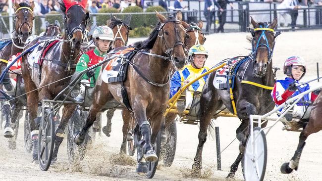 Group 1 Bill Collins Trotters’ Sprint contender Just Believe (green, red driver silks). Picture: Stuart McCormick