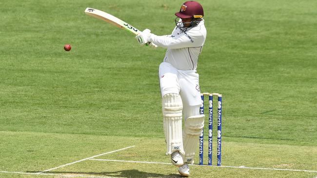 Usman Khawaja on the attack at the Gabba. Picture: Getty Images.