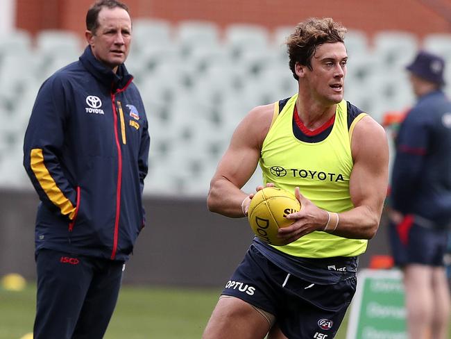 Kyle Hartigan is put through his paces at training with senior coach Don Pyke looking on ahead of his 100-game milestone. Picture: SARAH REED