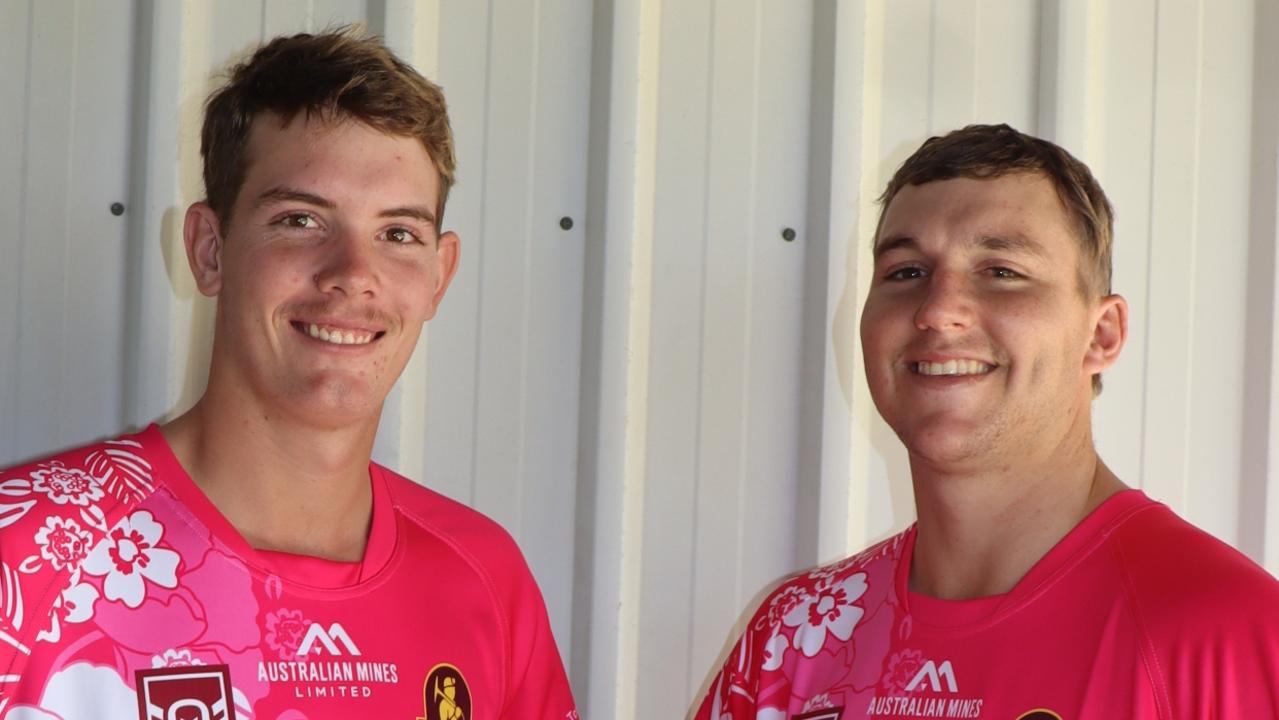 Charters Towers Miners players Campbell Burton (L) and Harry McQueen (R) model the club's 2024 Ladies Day jerseys. Picture: Charters Towers Miners