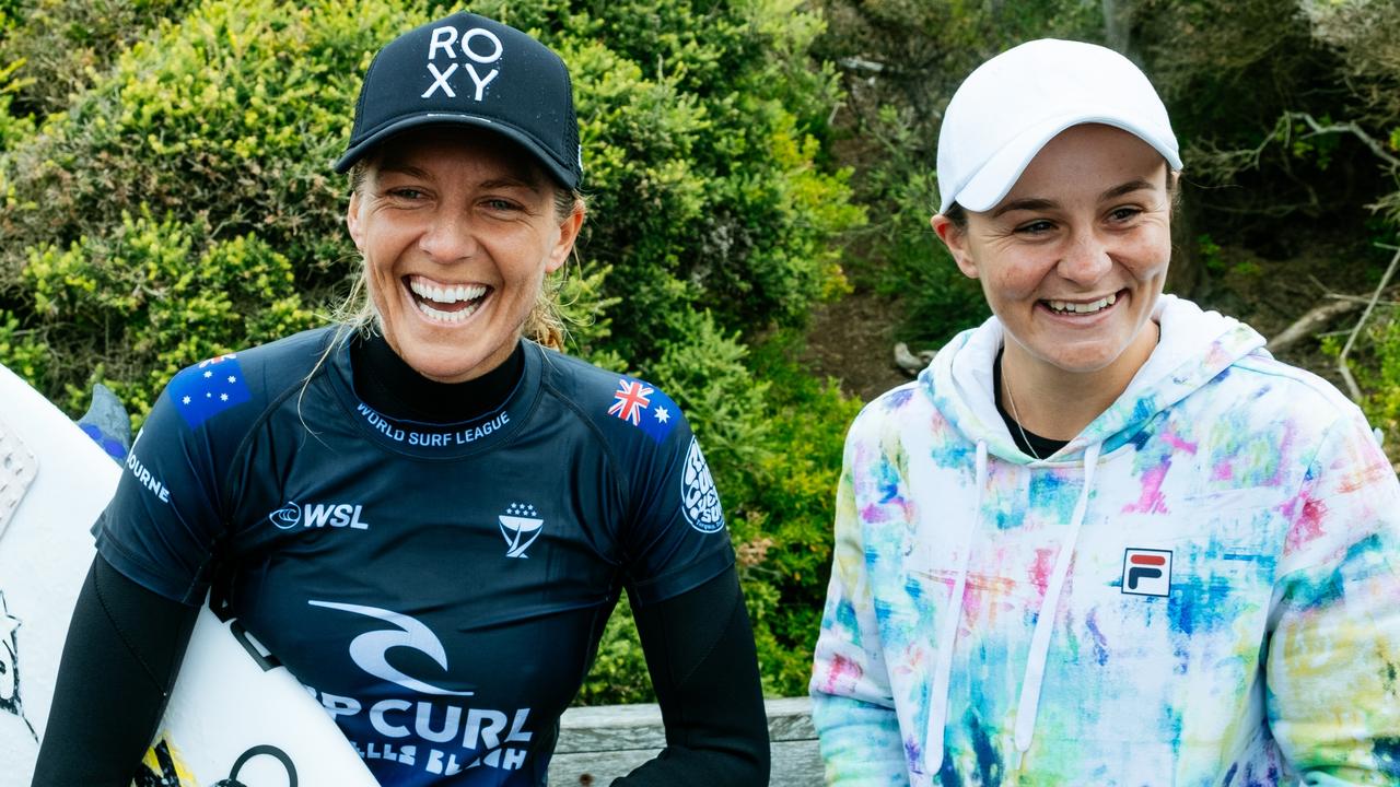 Two Aussie champions together. (Photo by Aaron Hughes/World Surf League)