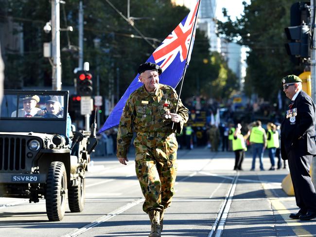 Veterans march to the Shrine of Rememberance for the Anzac Day march in Melbourne. Picture: AAP/Tracey Nearmy