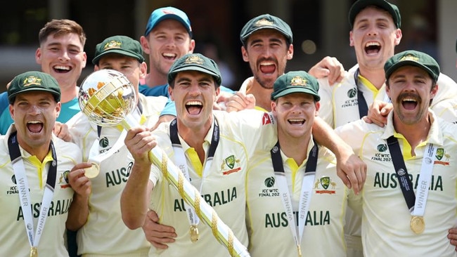 Pat Cummins lifts the ICC World Test Championship mace. Picture: Alex Davidson-ICC/ICC via Getty Images