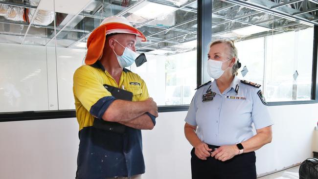 Queensland Police Commissioner Katarina Carroll has visited the Cairns City Police Station. currently undergoing a $17m renovation. Once complete, an extra 150 police officers will be based at the new building. Site Manager Matt Dwyer of Hutchinsons Builders talks with Queensland Police Commissioner Katarina Carroll in the Cairns City Police Station, currently under construction. Picture: Brendan Radke