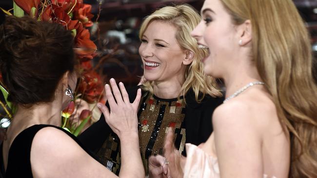 Helena Bonham-Carter, Cate Blanchett and Lily James on the red carpet. Picture: AFP