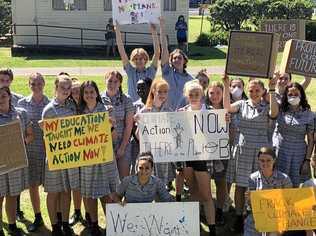 Students from Trinity Catholic College aged gathered at Spinks Park for the nationwide School Strike for Climate Action. Coast students are set to strike on Friday. Picture: Sophie Moeller