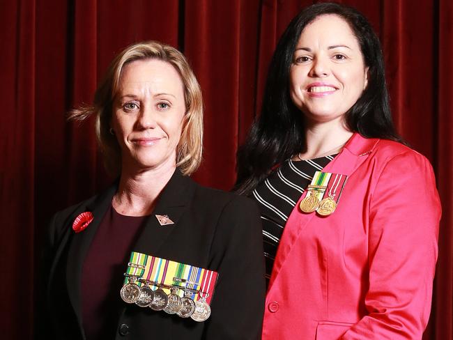 Former servicewomen Tegan Tippett and Colleen Swifte are part of a veterans campaign called By The Left which will correct the view that women who wear medals are not their own. Picture: AAP Image/Claudia Baxter