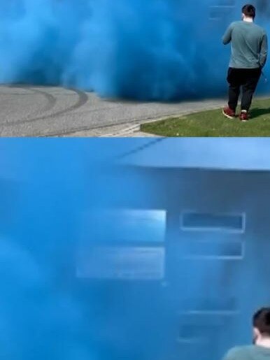 Police said a group of people gathered on Belalie Rd at Ingle Farm to watch a blue Holden Commodore conduct a burnout as part of a gender reveal celebration.