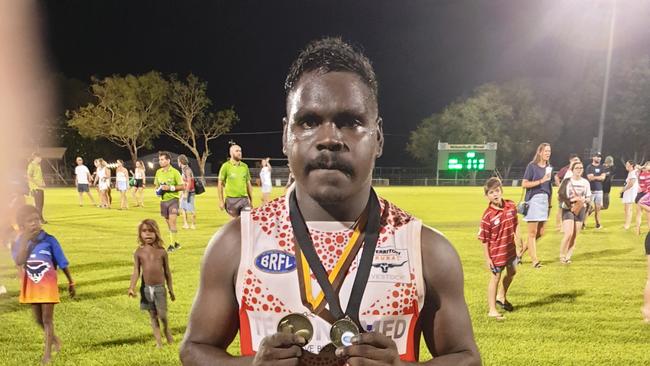 Morris medallist Jeffrey McDonald kicked six goals in a matchwinning performance for Katherine Souths in the BRFL Grand Final. Picture: Grey Morris.