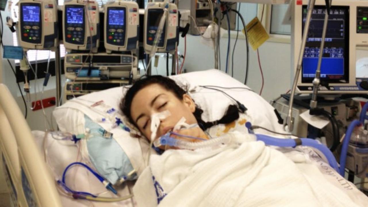 Kari in hospital after her double lung transplant in 2014.