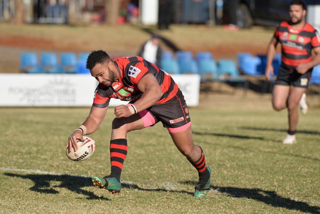 Valleys Roosters player Hnaloan Budden goes over for a try against Dalby Diehards in TRL Premiership qualifying final rugby league at Glenholme Park, Sunday, August 12, 2018. Picture: Kevin Farmer