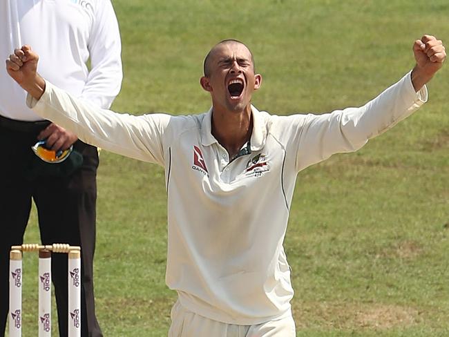CHITTAGONG, BANGLADESH - SEPTEMBER 04:  Ashton Agar of Australia celebrates after taking the wicket of Shakib Al Hasan of Bangladesh during day one of the Second Test match between Bangladesh and Australia at Zahur Ahmed Chowdhury Stadium on September 4, 2017 in Chittagong, Bangladesh.  (Photo by Robert Cianflone/Getty Images)