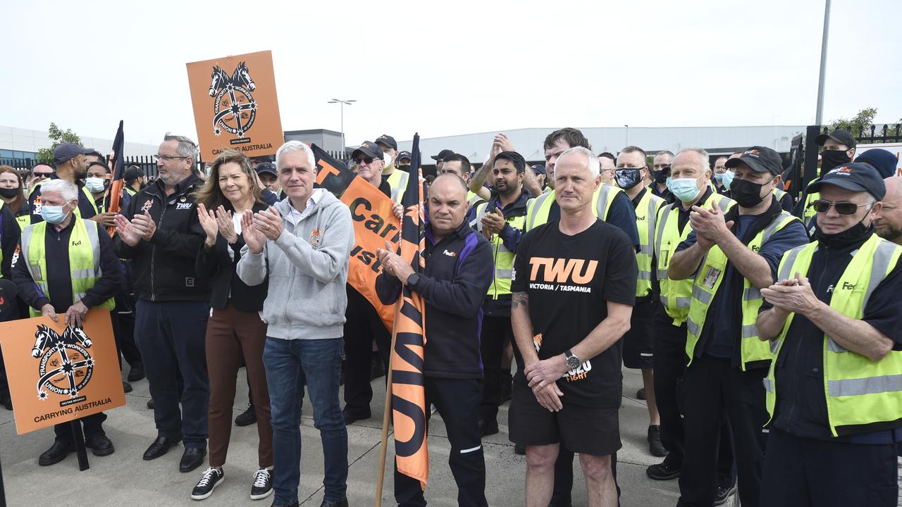 TWU National Secretary Michael Kaine with workers protesting at Melbourne Airport in 2021. Picture: NCA NewsWire / Andrew Henshaw