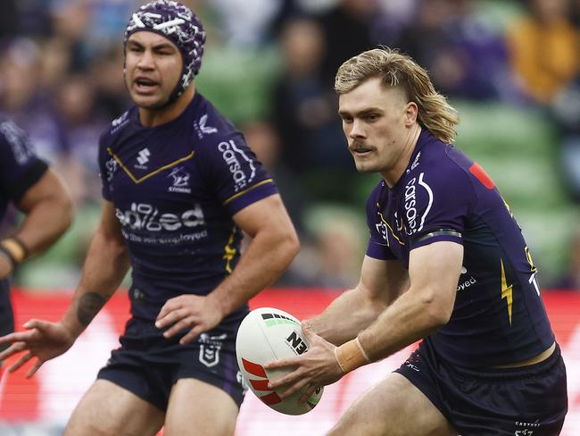 MELBOURNE, AUSTRALIA - AUGUST 26: Ryan Papenhuyzen of the Storm runs with the ball during the round 26 NRL match between Melbourne Storm and Gold Coast Titans at AAMI Park on August 26, 2023 in Melbourne, Australia. (Photo by Daniel Pockett/Getty Images)