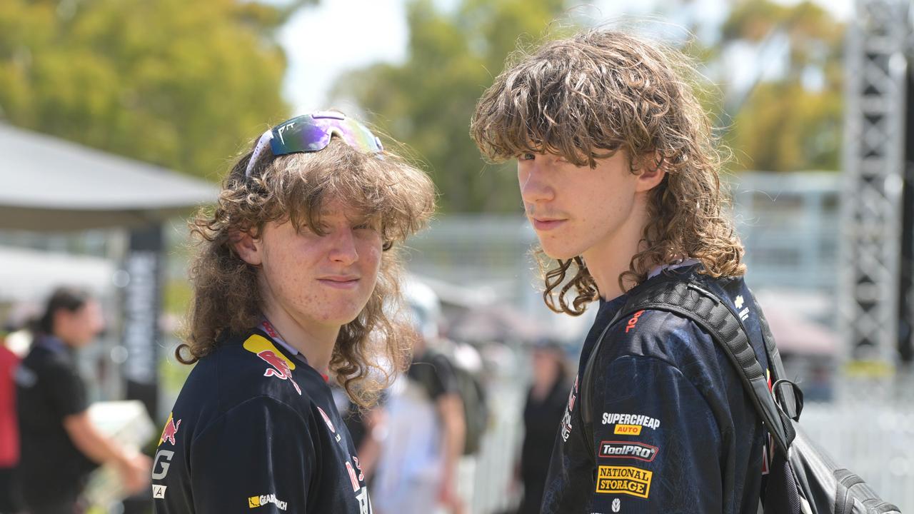 Flynn and Jack Price vying for best mullet at the VALO Adelaide 500. Picture: Brenton Edwards