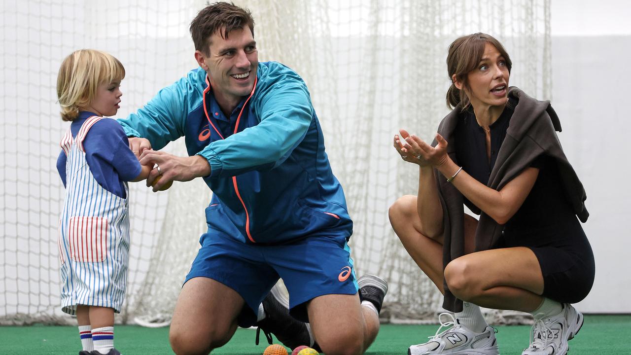 ‘You have to live all parts of your life now’ ... Pat Cummins with wife Becky and son Albie at training on Christmas Day 2023, ahead of the Boxing Day Test.