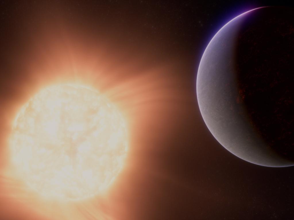 This artists concept shows what the exoplanet 55 Cancri e could look like. The illustration is of the rocky exoplanet and its star. The star is in the background at the lower left and appears somewhat smaller in the sky than the planet. The planet has hints of a rocky, partly molten surface beneath the haze of a thin atmosphere. Picture: NASA, ESA, CSA, R. Crawford (STScI)