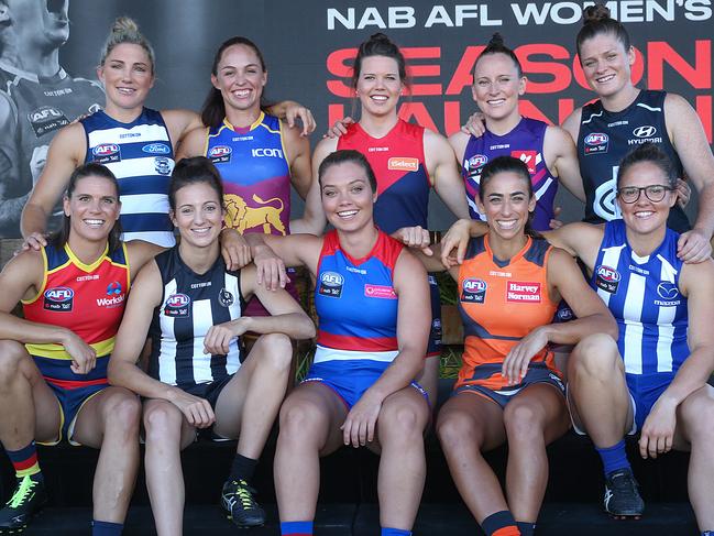 AFLW Season Launch. AFLW 2019 team captains. Back left to right : Melissa Hickey ( Geelong ) ,Leah Kaslar ( Brisbane Lions ) , Elise O'Dea (Melbourne ) , Kara Donnellan ( Fremantle ) , Brianna Davey ( Carlton ). Front left to right : Chelsea Randall ( Adelaide ) , Steph Chiocci ( Collingwood ) , Ellie Blackburn ( Western Bulldogs ) , Amanda Farrugia (GWS) and Emma Kearney ( North Melbourne ). Picture : Ian Currie