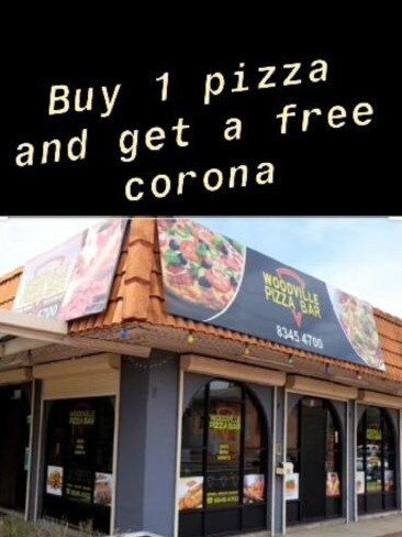 An internet meme ridiculing Adelaide's Woodville Pizza Bar during the November Covid lockdown. Picture: Supplied