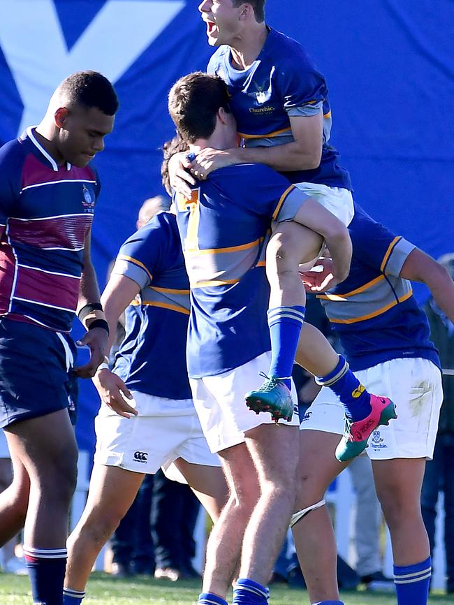 Churchie players celebrate a the win over TSS. Picture, John Gass