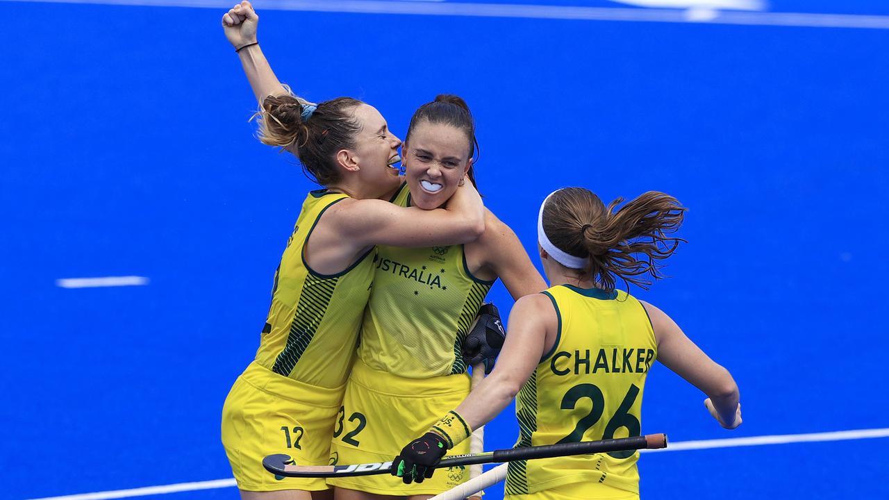 Savannah Fitzpatrick scored the opening goal of the Hockeyroos’ fifth pool match. Pics Adam Head