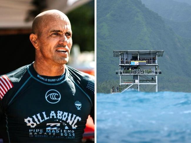 Kelly Slater and the controversial tower. Photo: AFP and Getty, Ed Sloane.