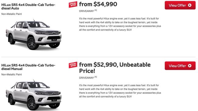 A screen shot of never-before seen prices on the new Toyota HiLux SR5. Picture: Supplied