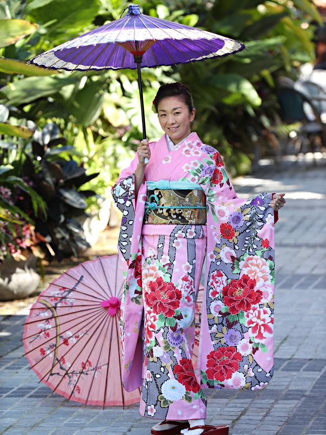 Sachiko Hinze models a kimono traditionally worn by young, unmarried women in their 20s. Picture: Annette Dew