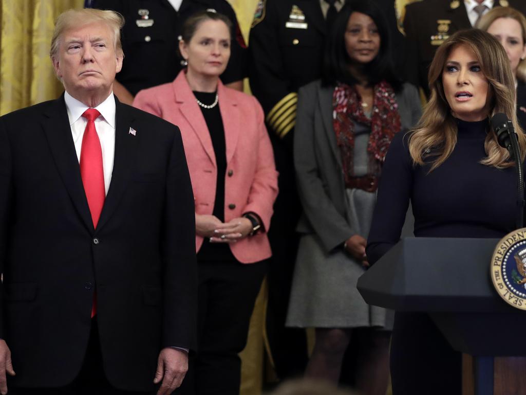 US President Donald Trump and first lady Melania Trump speak about the suspicious packages being sent around the US at an event about opiod abuse. Picture: AP