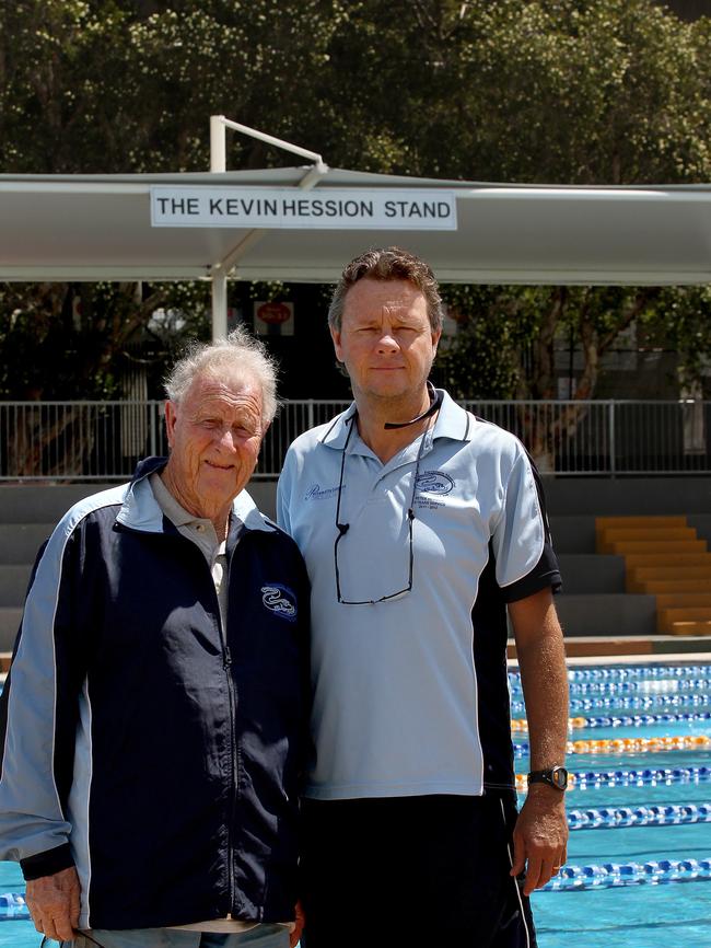 Kevin Hession with his son Peter at Parramatta War Memorial Swimming Club in 2016 before it was demolished to make way for Bankwest Stadium.