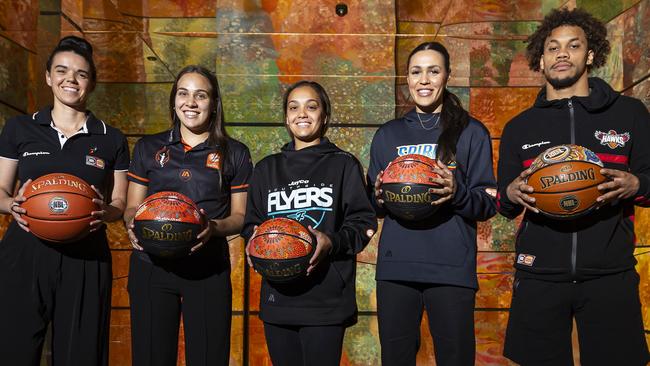 NBL referee Jacqui Dover, Jessica McDowell-White of the Townsville Fire, Leilani Mitchell of the Southside Flyers, Alex Wilson of the Bendigo Spirit and Biwali Bayles of the Illawarra Hawks at the launch of the NBL and WNBL Indigenous Round at The Lume in Melbourne. Picture: Getty Images