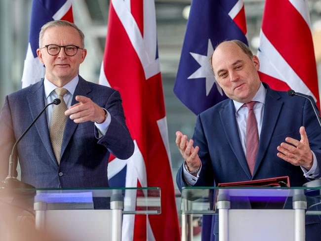 Anthony Albanese and the British Defence Secretary Ben Wallace during a joint press conference at BAE in Barrow-in-Furness in the North of England. Picture: Andrew Parsons / The Australian Pool Image