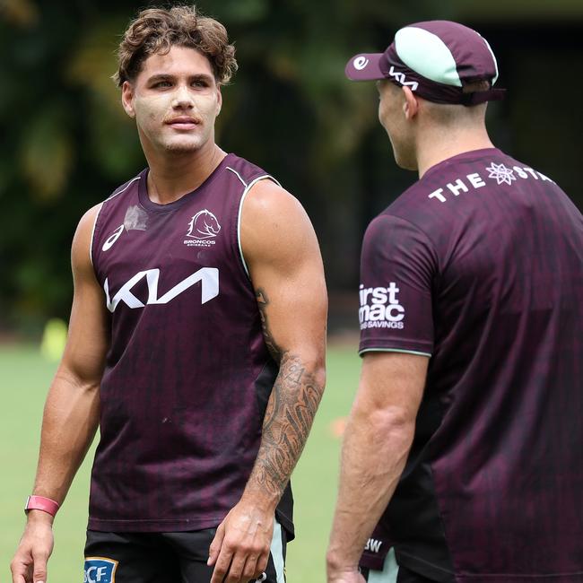 Reece Walsh (left) at Brisbane Broncos training