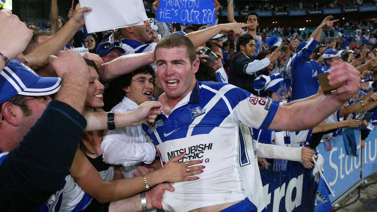 Captain Andrew Ryan celebrates with fans after Canterbury Bulldogs v Sydney Roosters NRL Grand Final at Telstra Stadium, Olympic Park in Sydney.