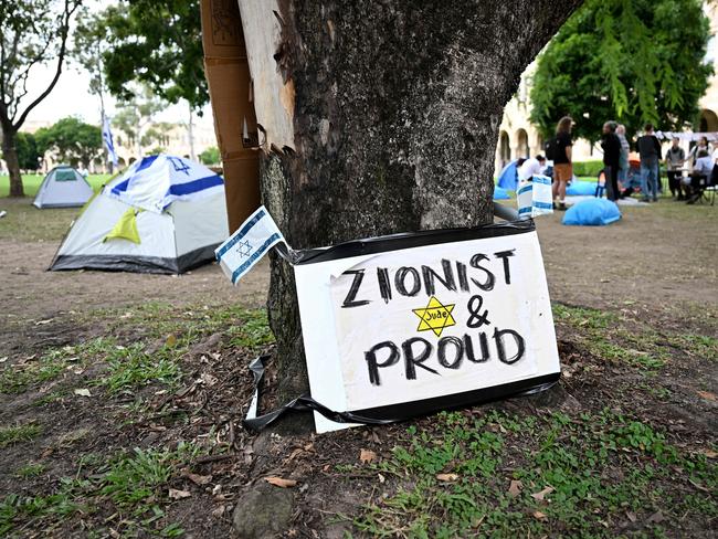 Zionist signs are outnumbered by pro-Palestinian signs at most campuses, despite displays like this one at the University of Queensland in Brisbane. Picture: Dan Peled / NCA NewsWire