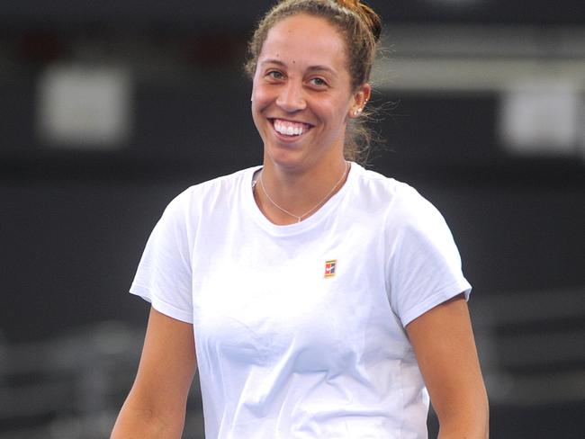 US Open runner-up Madison Keys has some hitting practice on Pat Rafter Arena for the Brisbane International tournament.Tennis practice requests for Brisbane International tournament. Wednesday December 27, 2017. (AAP image, John Gass)