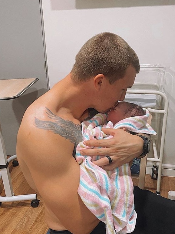 Retired Manly footy player Trent Hodkinson and wife Chantelle Traficante had their first baby, Brees Austen Hodkinson.