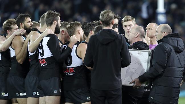 Port Adelaide coach Ken Hinkley addresses the Power against Melbourne at Adelaide Oval. Picture: Sarah Reed