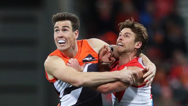 Dane Rampe locks horns with Jeremy Cameron during the Sydney derby last year. Picture. Phil Hillyard. 