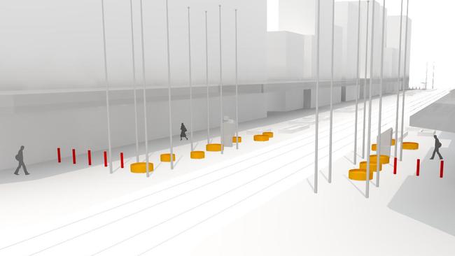 Where the permanent bollards and planter boxes will be placed in the Bourke Street Mall. Picture: supplied