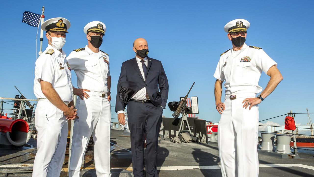 Minister for Defence Peter Dutton on board US Navy destroyer USS Sampson docked in Brisbane. Picture: Richard Walker