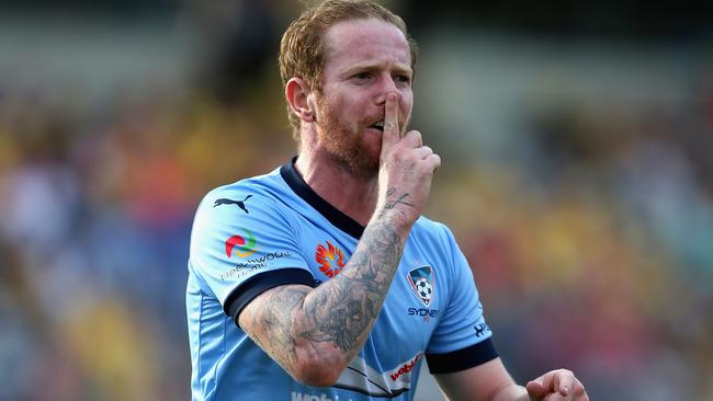 David Carney of celebrating a goal for Sydney FC against the Central Coast Mariners in 2017 (Photo by Ashley Feder/Getty Images)