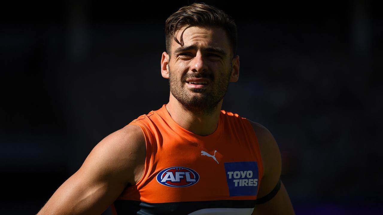 PERTH, AUSTRALIA - MARCH 28: Stephen Coniglio of the Giants looks on during the 2021 AFL Round 02 match between the Fremantle Dockers and the GWS Giants at Optus Stadium on March 28, 2021 in Perth, Australia. (Photo by Daniel Carson/AFL Photos via Getty Images)